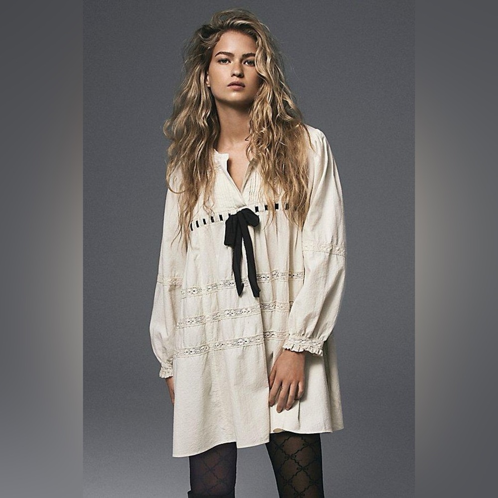 Free People Cream Peasant Mini Dress with Black Bow